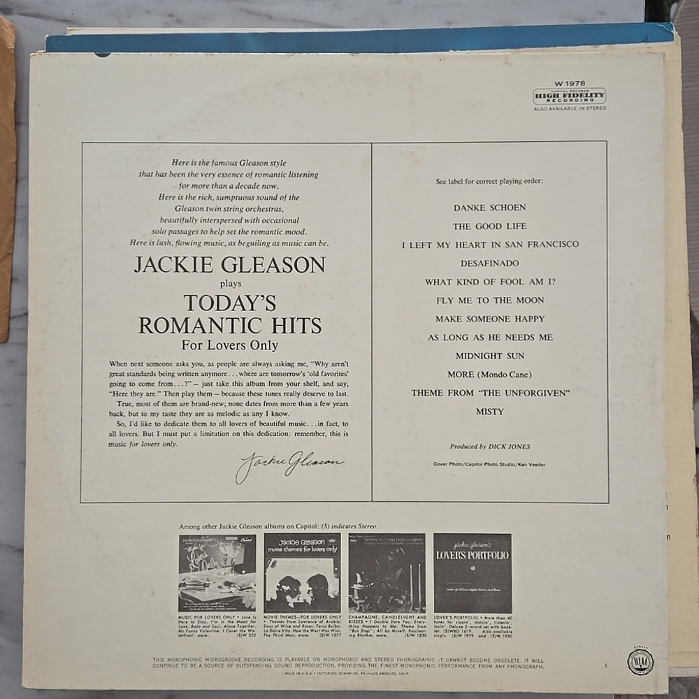 JACKIE GLEASON: today's romantic hits for lovers only CAPITOL 12" LP 33 RPM 1978 - Picture 2 of 4